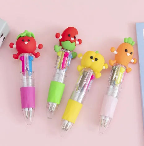 Cartoon-themed four colour press ballpoint pen with plastic and silicone body on a white background.