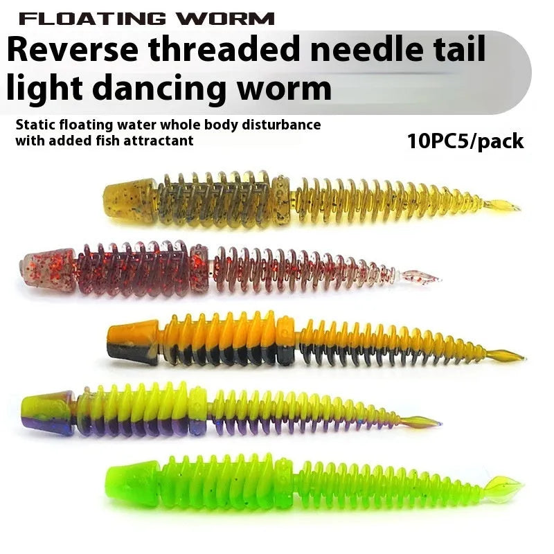Soft plastic worm fishing lure with spoiler along its body and a twisted needle tail, shown in various colours.