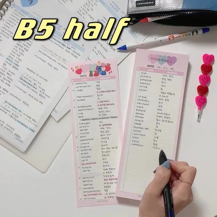 Vertical B5 half learning notepad in blue cover showing double-sided printable paper.