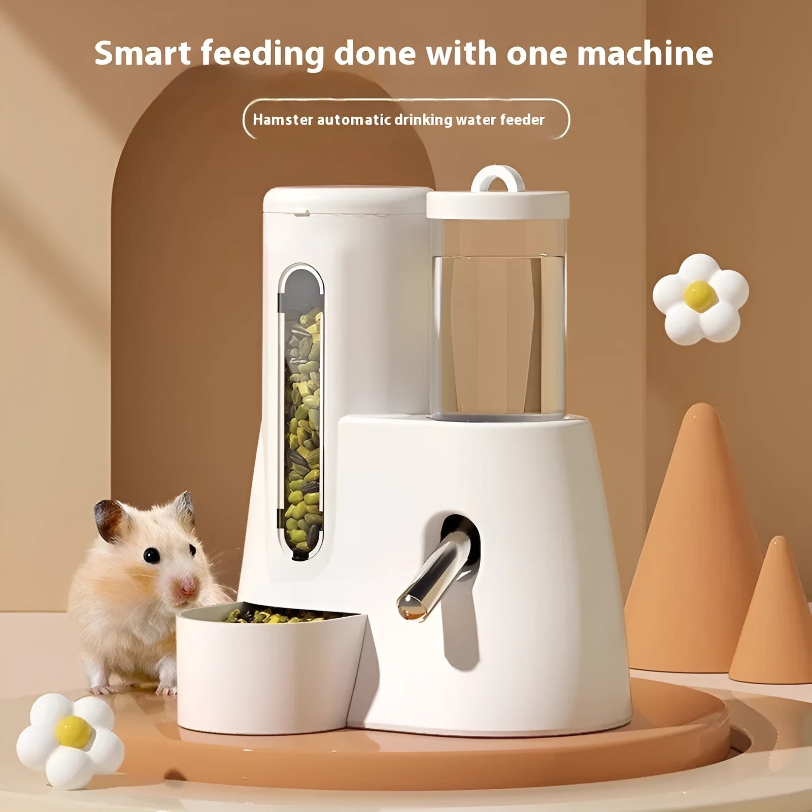White automatic water feeder and matching food bowl for dwarf hamsters on a blue background.