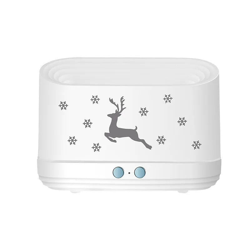 White round Elk flame effect humidifier diffuser with night light on a table.