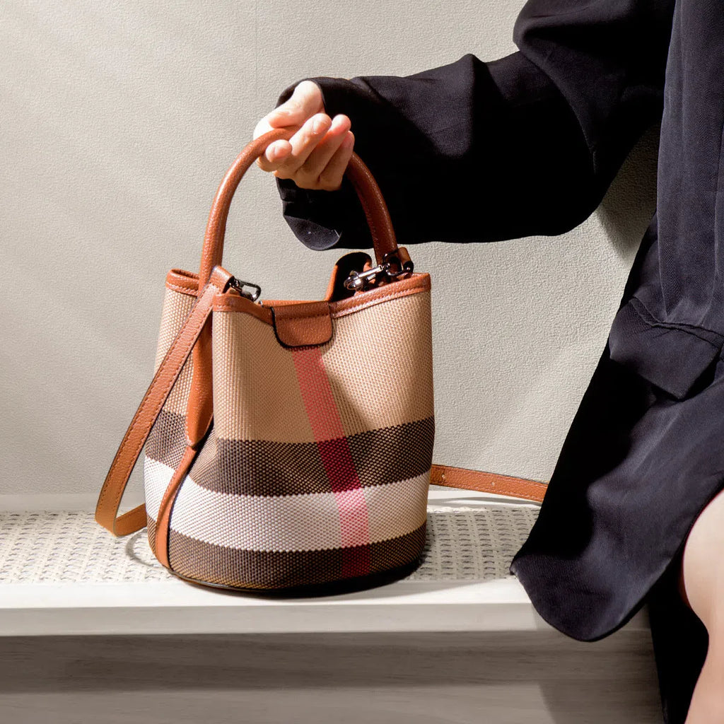 Plaid brown canvas bucket handbag set with large and small bags and single shoulder strap