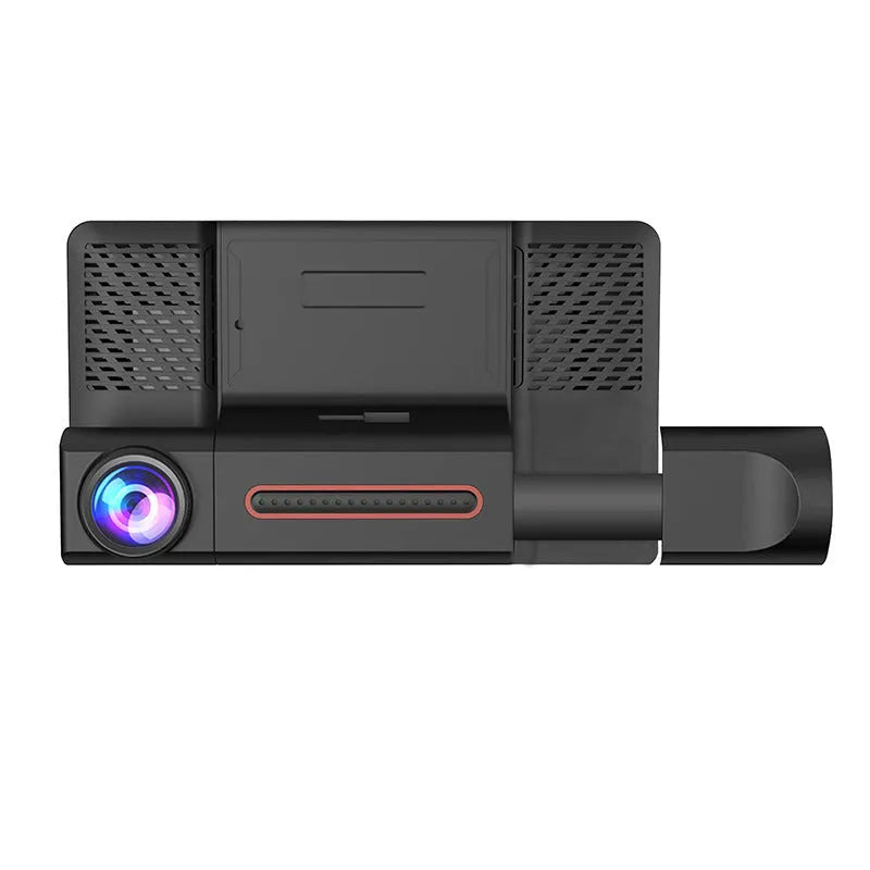 Black three lens dashboard camera with 4 inch touch screen for front and rear vehicle recording