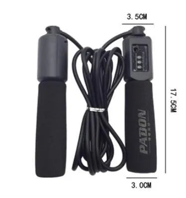 A skipping rope with foam handles showing its full 3-metre length, available in black, blue, green, and red.