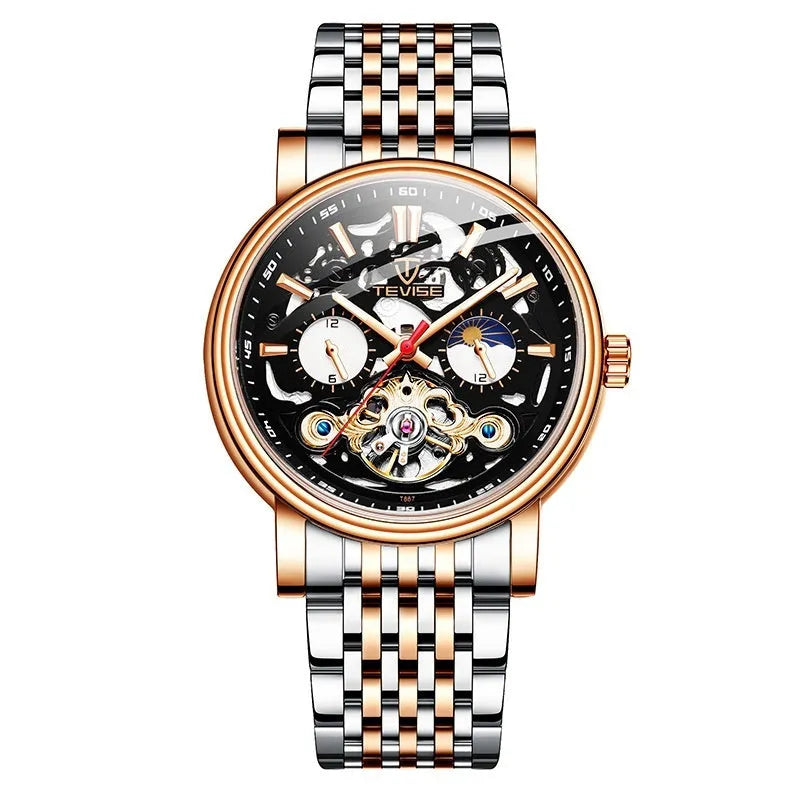 Men's tourbillon mechanical watch with skeleton dial and luminous markers on stainless steel bracelet