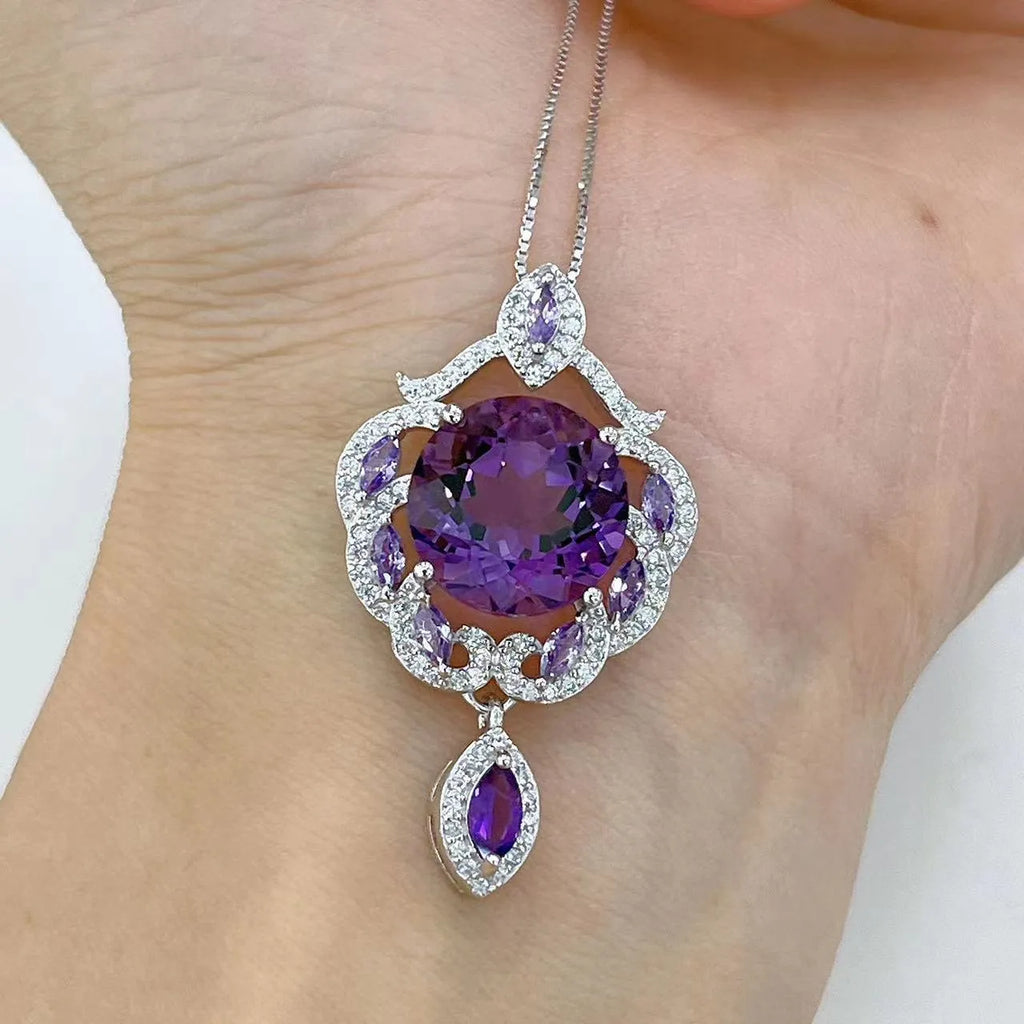 Purple amethyst gemstone set in platinum-plated S925 silver U-shaped pendant with meteor shower pattern