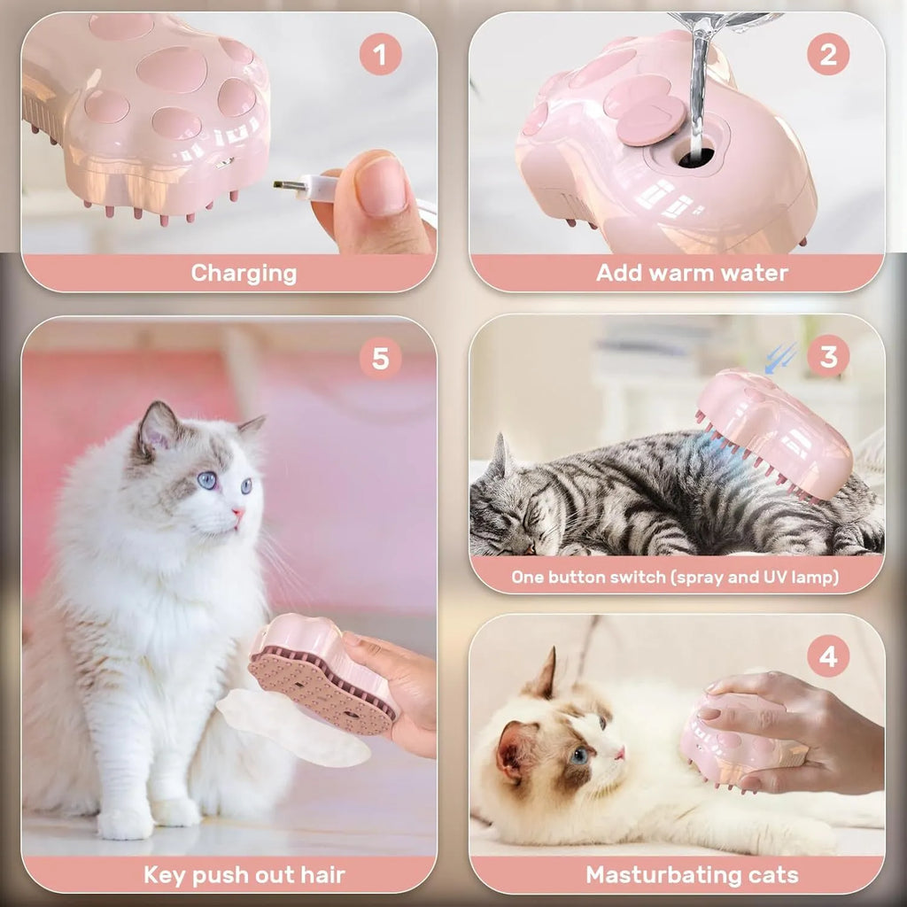 Self-cleaning cat steam grooming brush with silicone bristles and blue light on a pink background