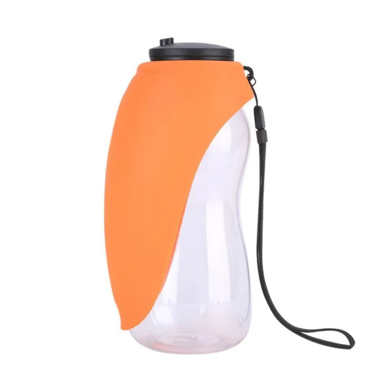 Blue plastic dog water bottle with built-in drinking bowl showing 680ml capacity and key lock mechanism