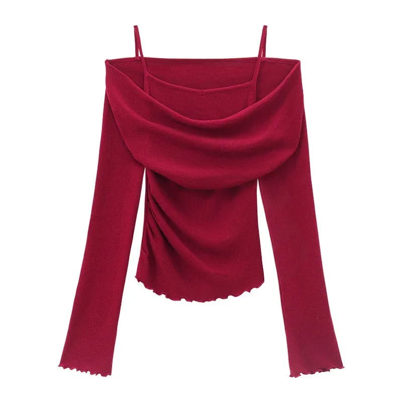 Fashion fake two-piece off-shoulder long sleeve top in polyester with patchwork and ruffles, available in multiple colours