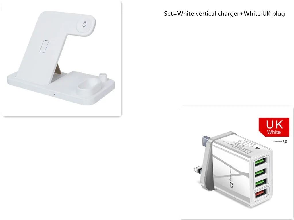 Black 4-in-1 wireless charging dock showing phone on adjustable stand, Apple Watch, AirPods, and Apple Pencil charging simultaneously.