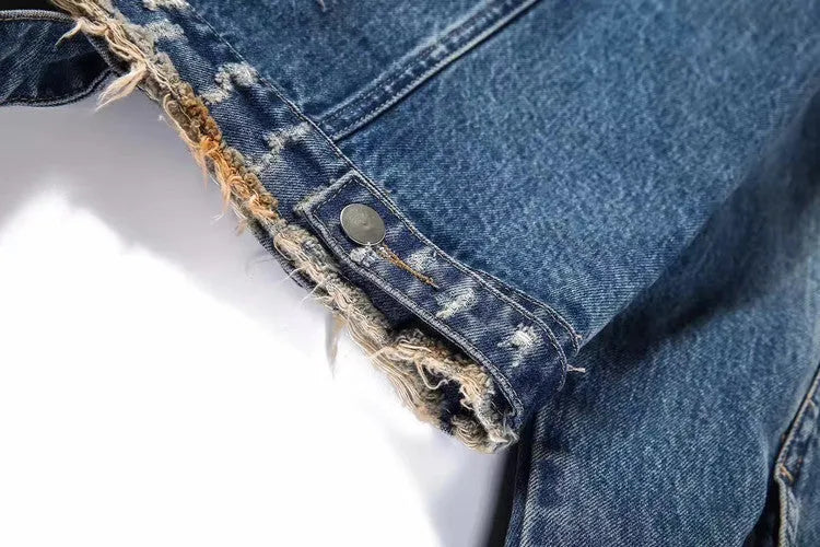 Blue embroidered cotton denim jacket button front casual long sleeve outerwear
