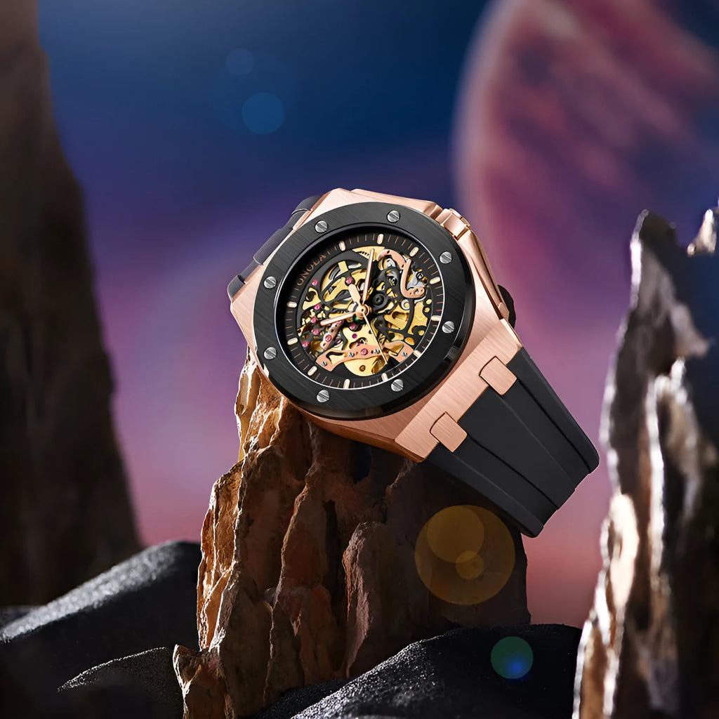 Automatic mechanical watch for men with black shell rose circle dial, silicone strap, and stainless steel buckle, 48mm diameter