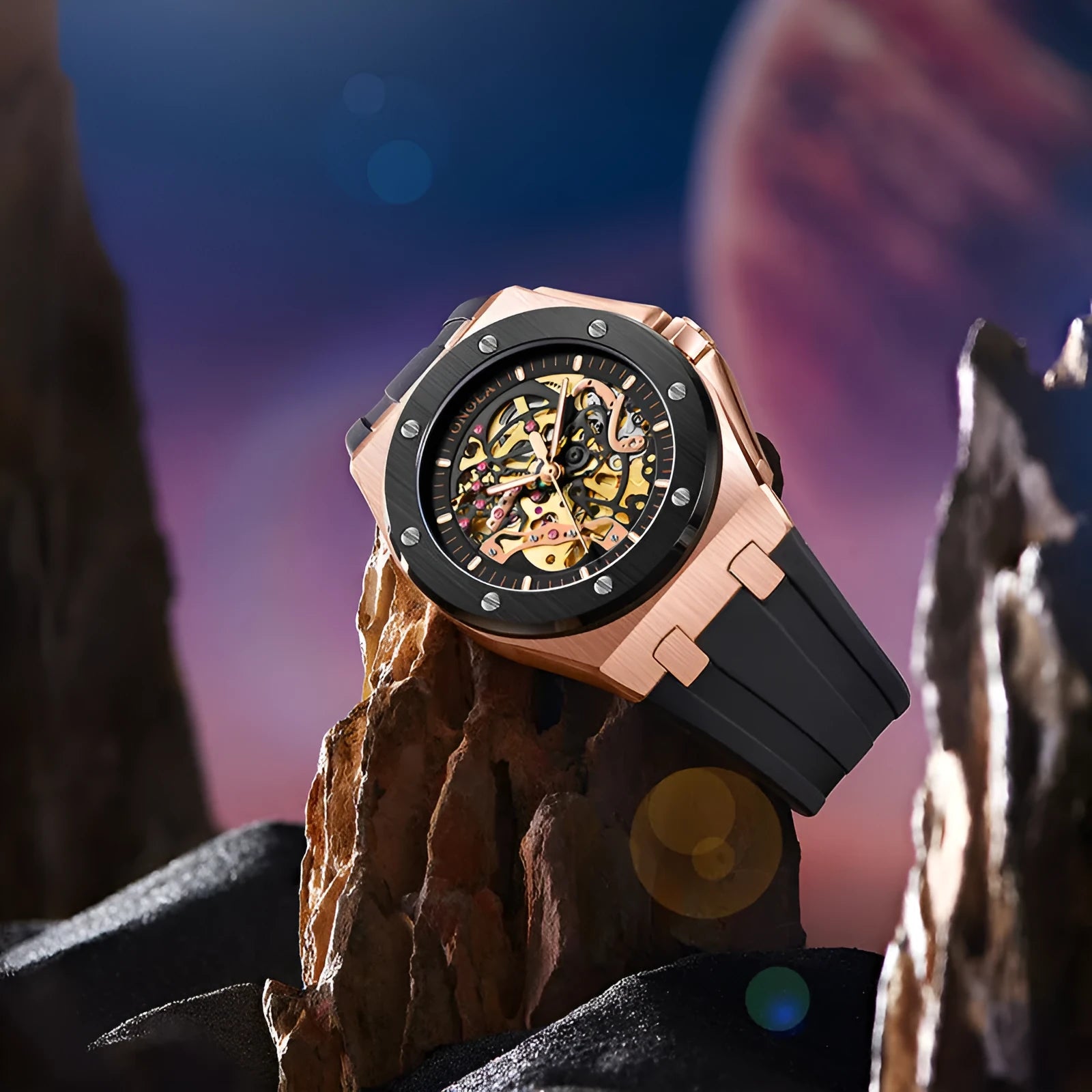 Automatic mechanical watch for men with black shell rose circle dial, silicone strap, and stainless steel buckle, 48mm diameter