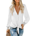 V-neck loose top with lace-up detail at hem in solid colour on hanger