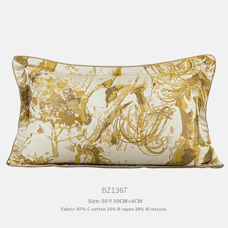 Abstract golden horse design decorative jacquard cushion on a grey sofa.
