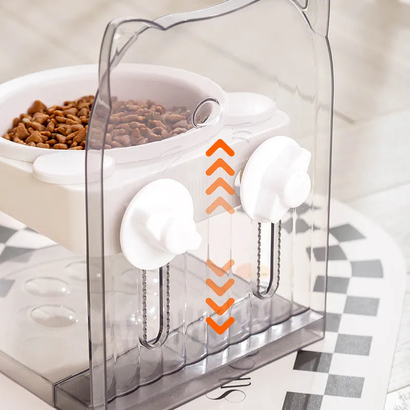 Grey pet bowl with cat ears design featuring adjustable height and anti-spill construction