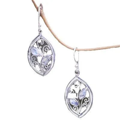 Silver colour leaf-shaped earrings with embedded colourful moonstones for women