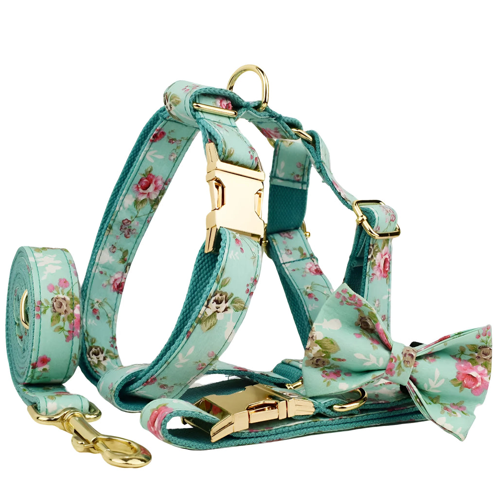 Rose pattern fabric dog collar set with green background, matching leash, detachable bow and coordinating dog vest