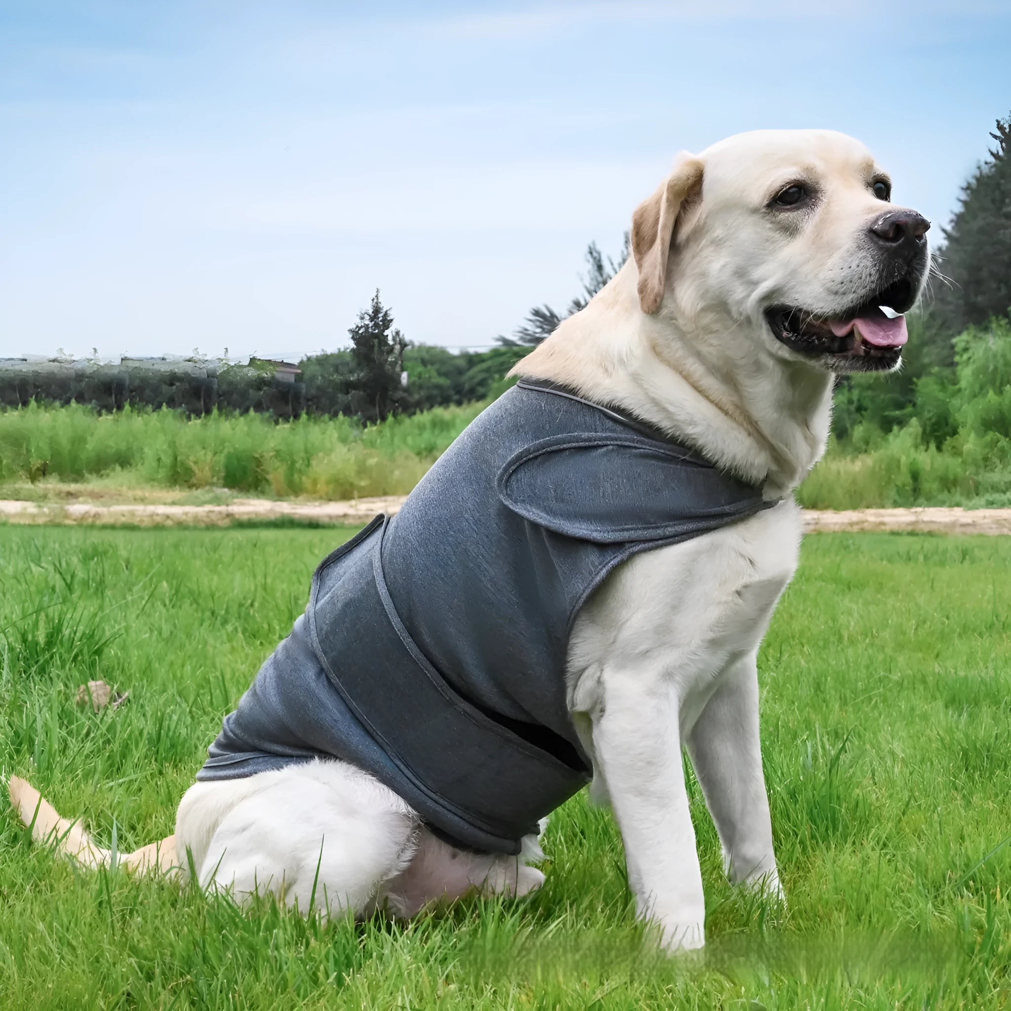 Brown dog anxiety soothing tank top made from cotton blend fabric on a medium-sized dog.