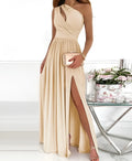 Women's apricot one shoulder cocktail maxi dress with high thigh split, shown on model.