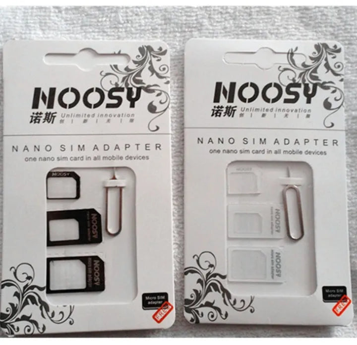 Three-piece SIM card kit with removal tool and adapter frames in black and white colour options