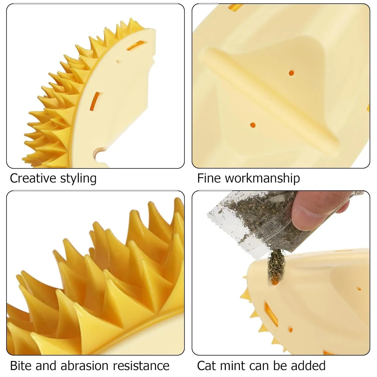 Yellow durian-shaped cat corner scratcher and self-groomer mounted on a wall