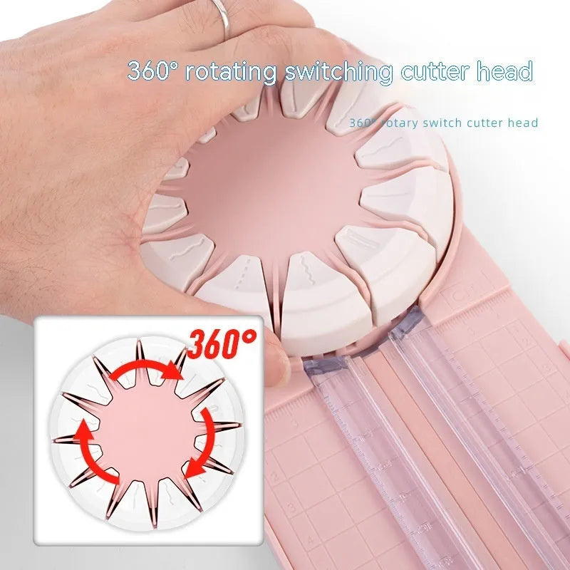 Pink and black 12-in-1 multifunctional plastic paper cutting machine for crafts.