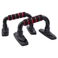 Pair of I-shaped black push up bars with grey PP sponge foam grips on a floor.