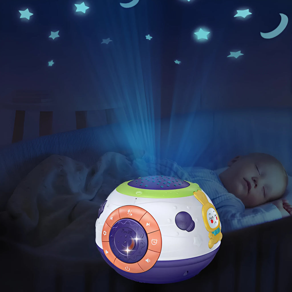White plastic starry sky night light projector for children on a table.