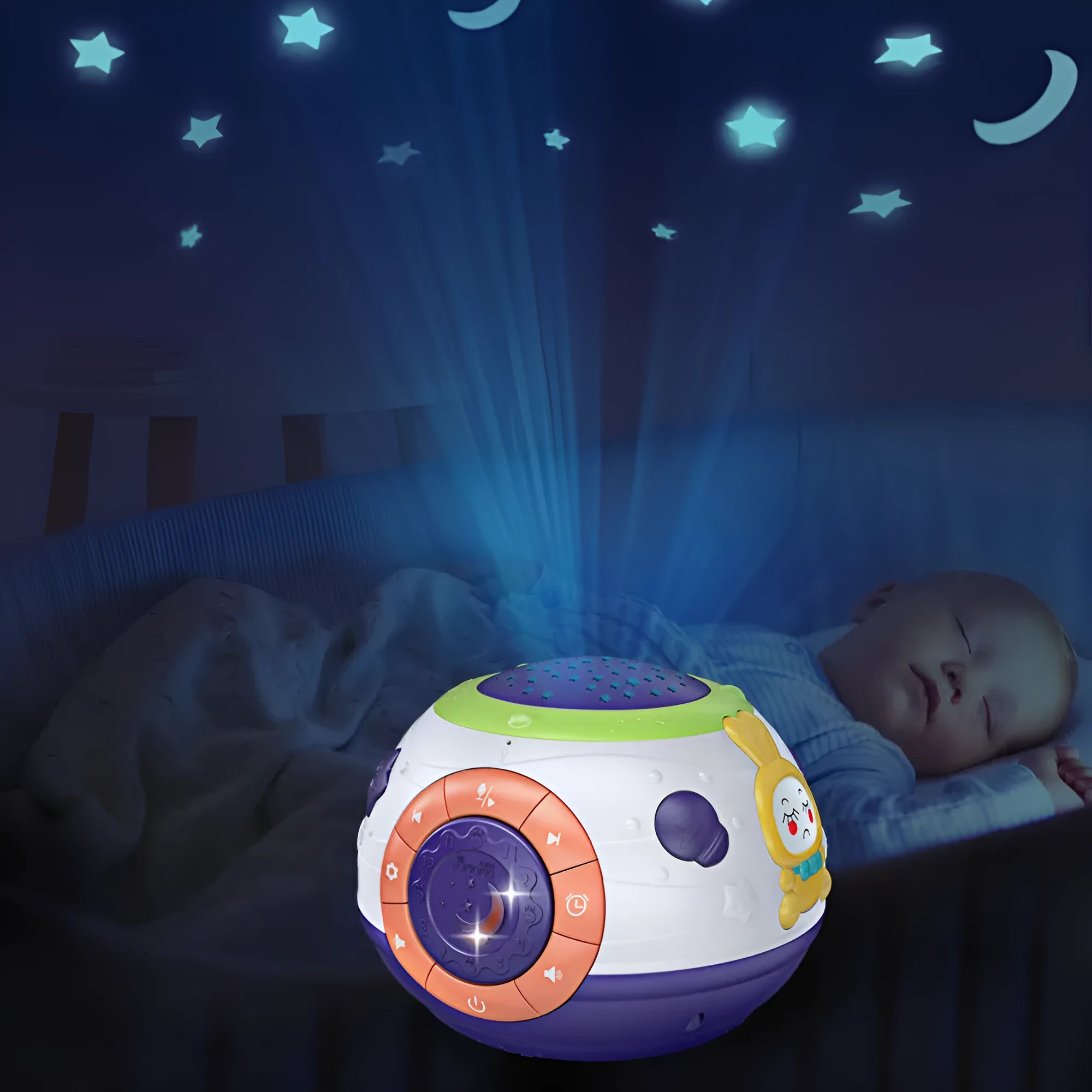 White plastic starry sky night light projector for children on a table.