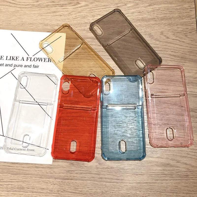 Transparent silicone card holder iPhone case showing card storage compartment with solid colour back cover