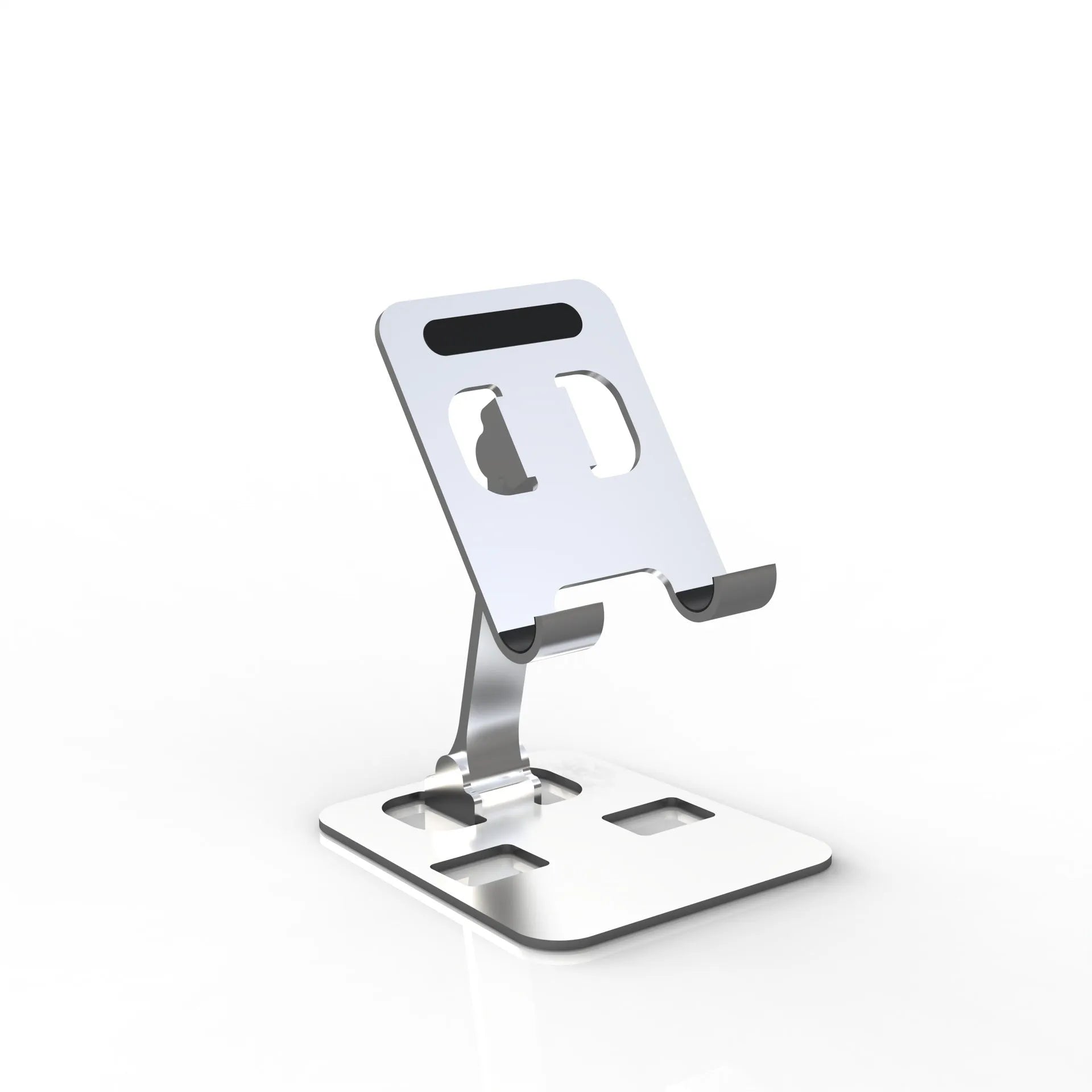 Aluminium alloy rotating mobile phone bracket in silver on a desk, showing three-axis joint and metal texture finish