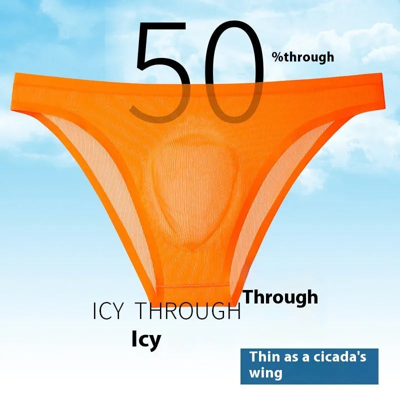 Ultra-thin ice silk low waist seamless panties in black, white, grey, blue, purple, and orange colours.