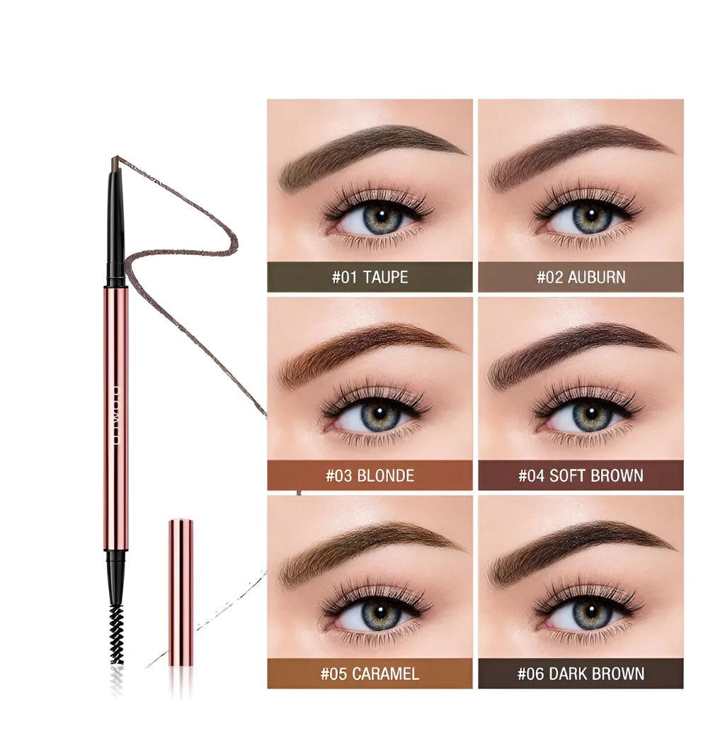 Slim eyebrow makeup pencil in colour box packaging with six shade options.