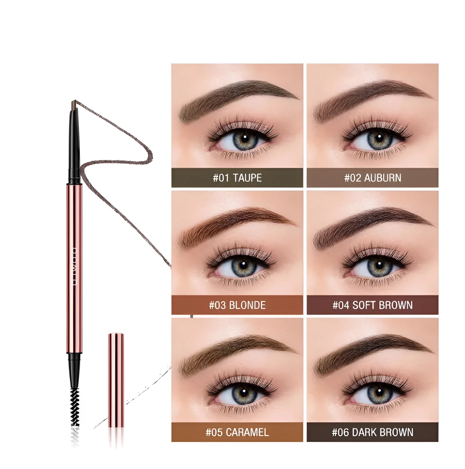 Slim eyebrow makeup pencil in colour box packaging with six shade options.
