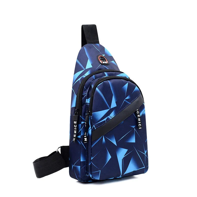 Men's blue print sling chest bag with a visible earphone hole and a single adjustable strap.