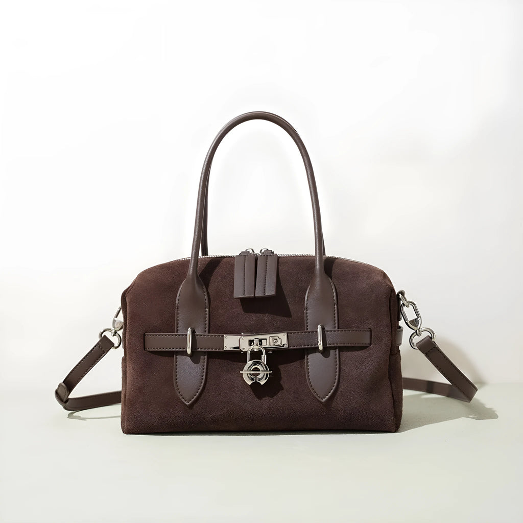 Genuine leather colour-block shoulder bag in mocha and brown with suede finish, horizontal square shape