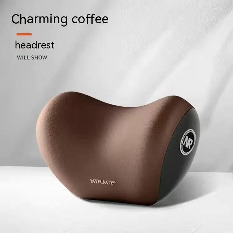 Black memory foam car headrest pillow and matching lumbar support pillow on a car seat.