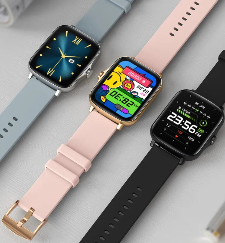 Black smart watch with 1.7-inch colour touch screen and adjustable strap on a wrist.