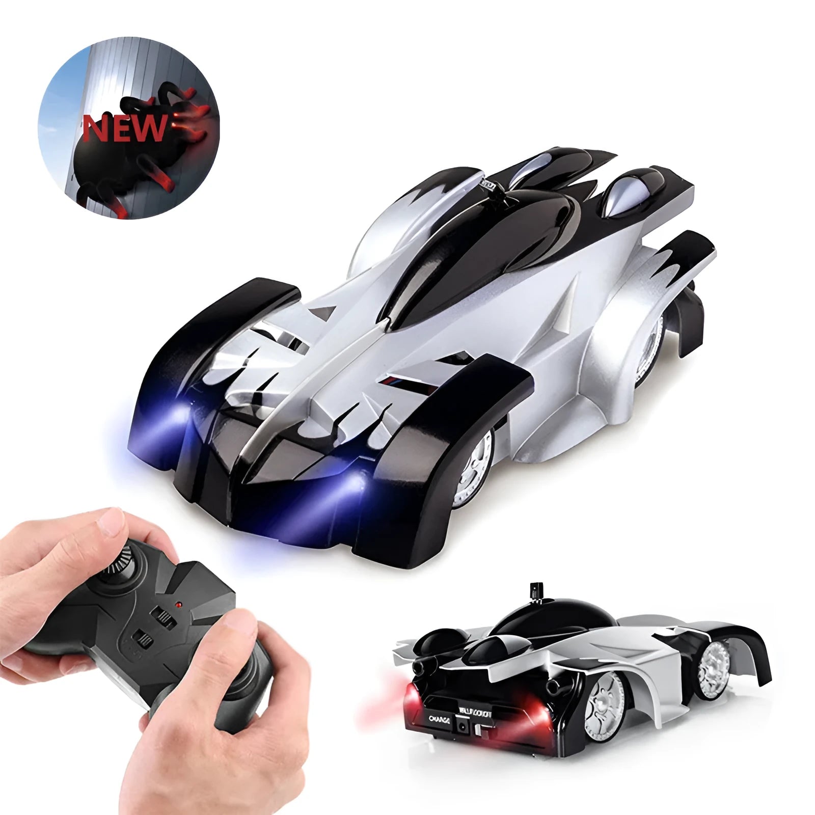 Wall climbing remote control car toy with LED lights on vertical surface