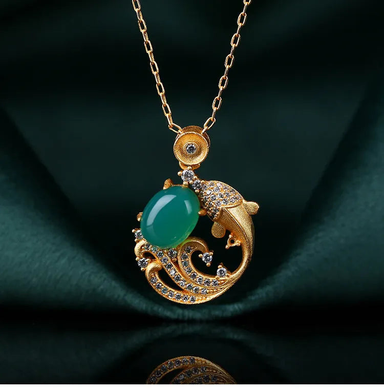 Gold-plated retro koi fish necklace with mixed gem inlay on adjustable 41cm-50cm chain