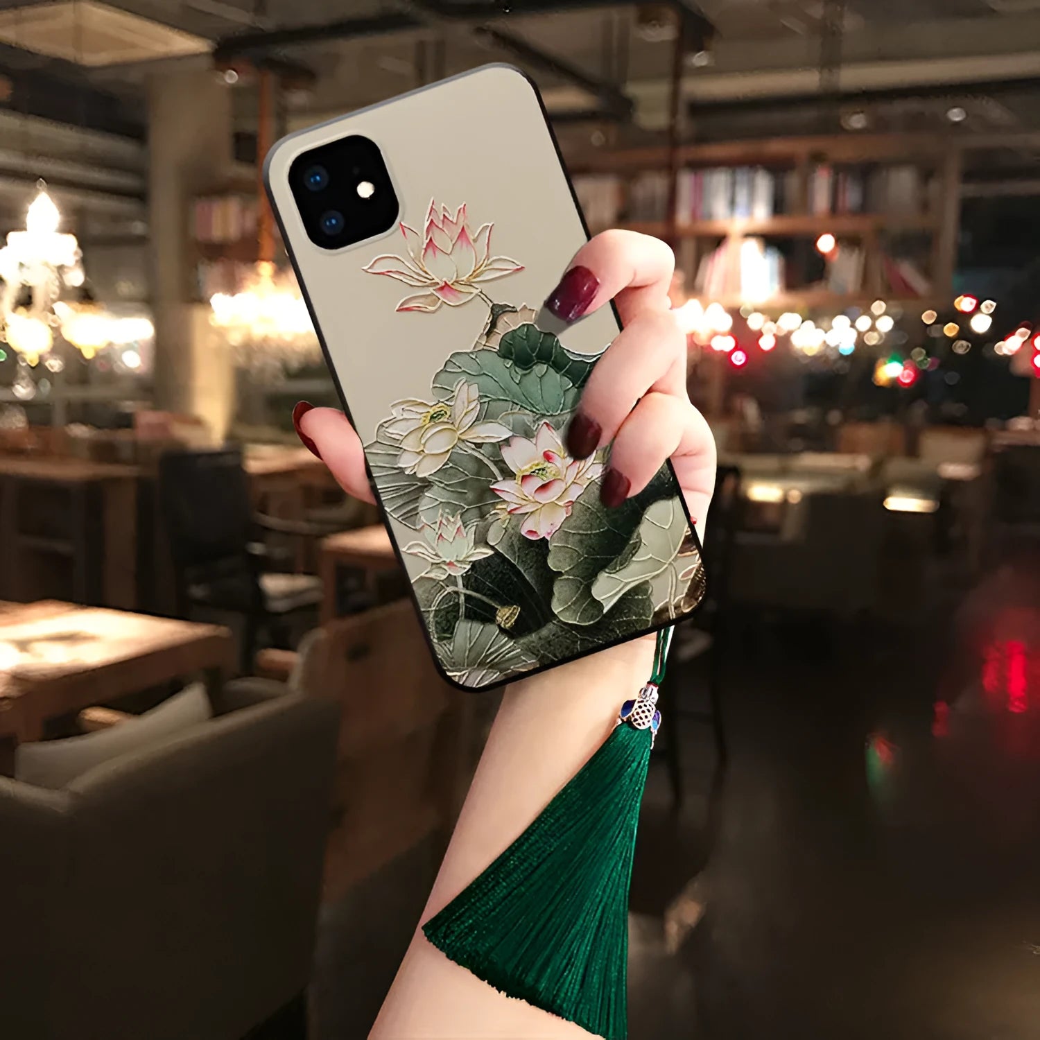 Custom soft TPU phone case with magnolia magpie design, dark green tassel and h-ring, suitable for iPhone 11 Pro Max