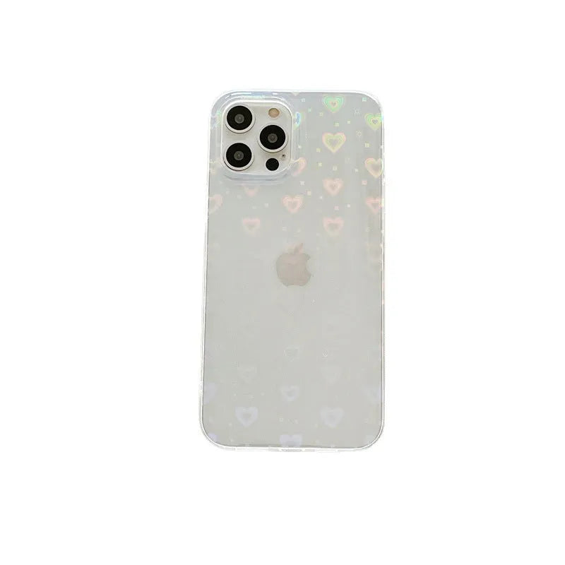 Transparent silicone iPhone case with a laser-etched colourful love design, shown next to a butterfly-accented variant.