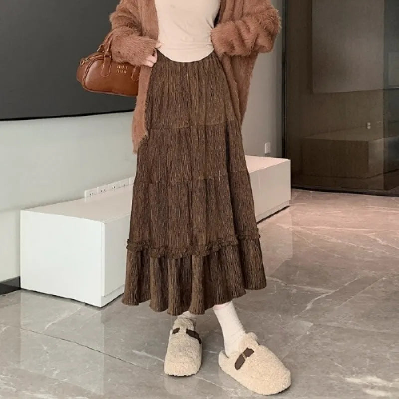 Korean style A-line corduroy skirt with elastic waistband in milky white colour.