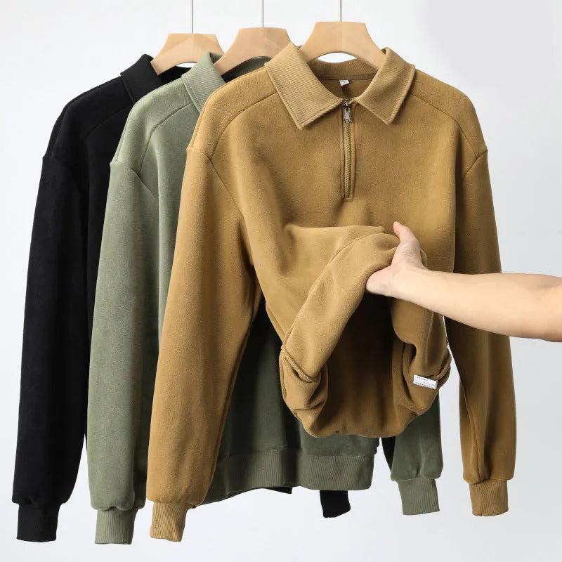 Men's fleece half-zip hoodie in Haze Green, long sleeve winter top with hood and full zip front