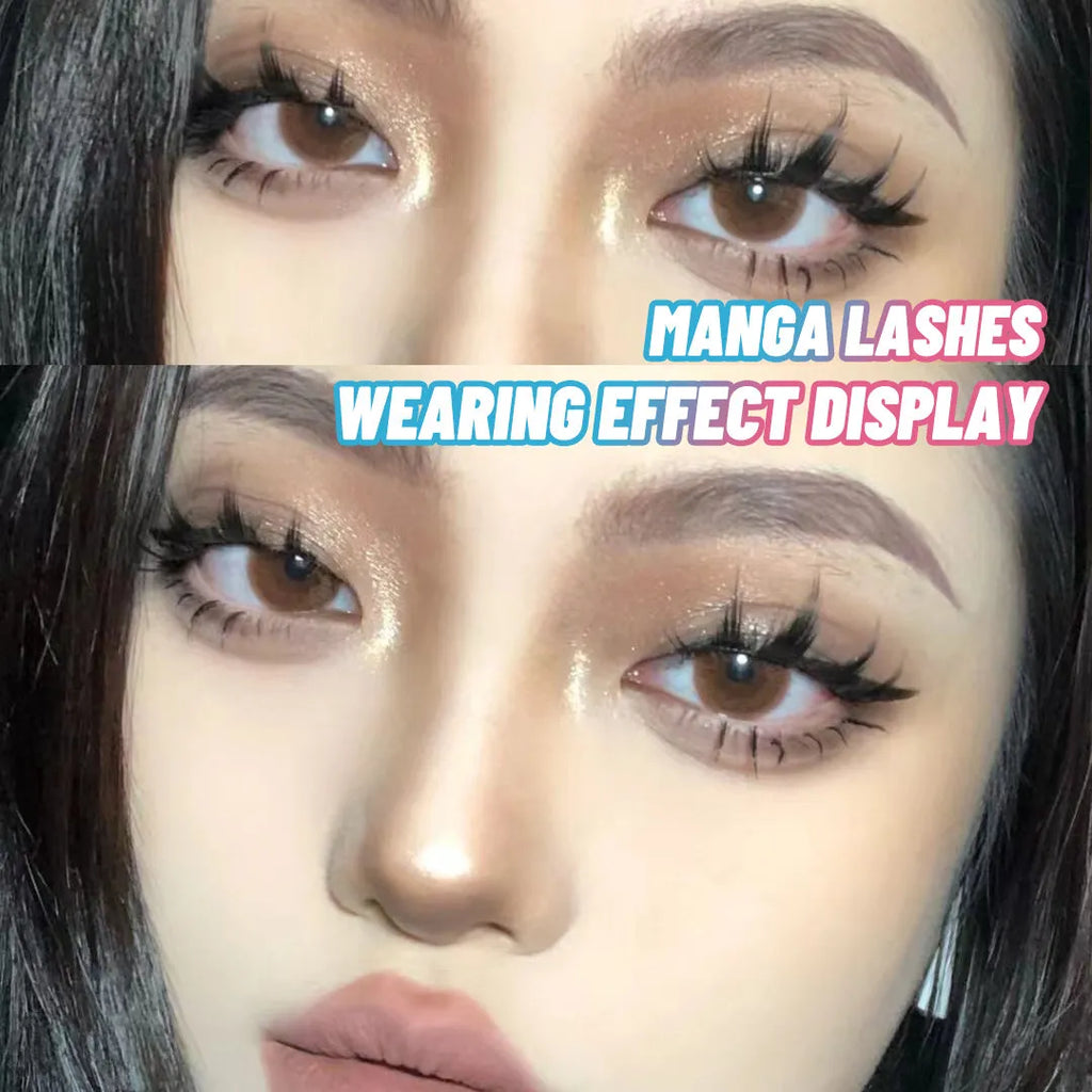 Bundle of manga false eyelashes showing three wispy styles 007, 008, and 009 on a black plastic terrier strip.