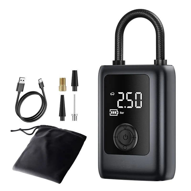 Car portable electric gas filling bag air pump with tyre pressure gauge and LED light on a dark background