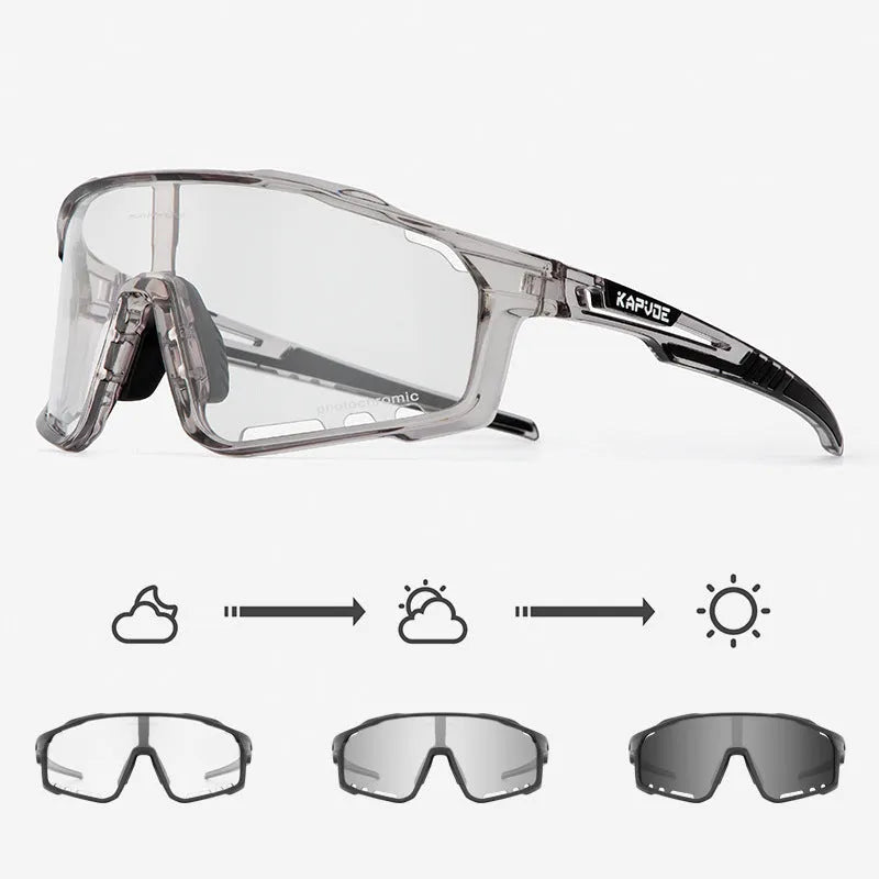 Photochromic cycling sunglasses with semi-rimless TR90 frame in one of 14 colour options.