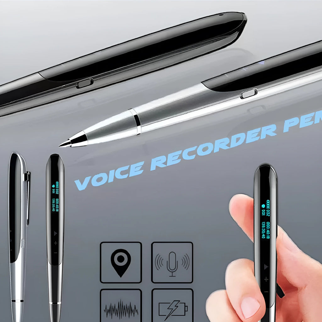 Black digital recording pen with OLED display screen and zinc alloy casing next to included headphones and data cable.