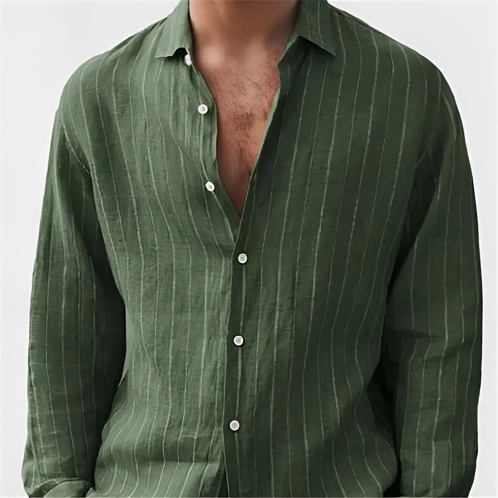 Man wearing loose fit striped polyester shirt with short sleeves in cardigan style